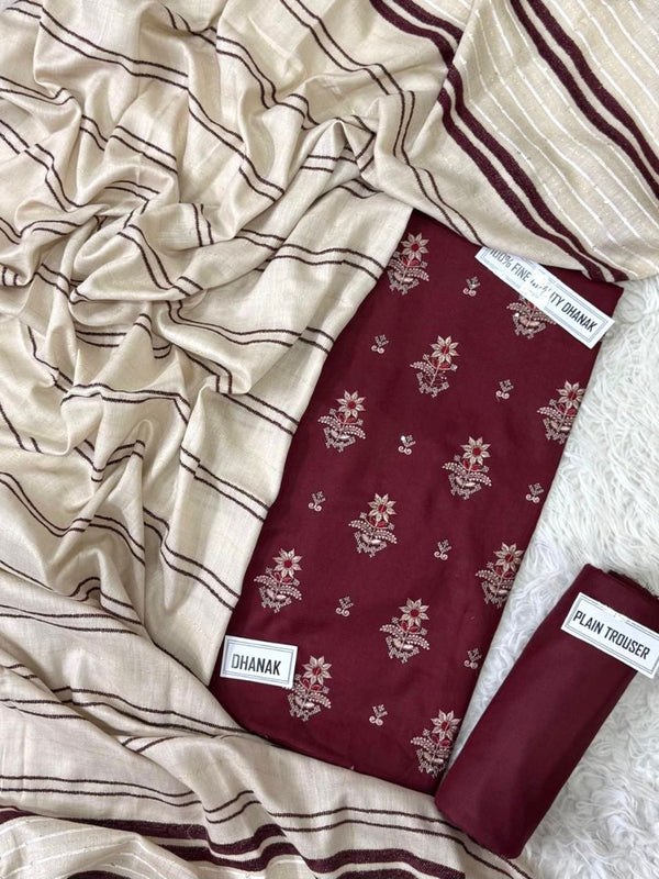 Bareeze Dhanak 3pc Embroidered | Mehroon | D # 1001